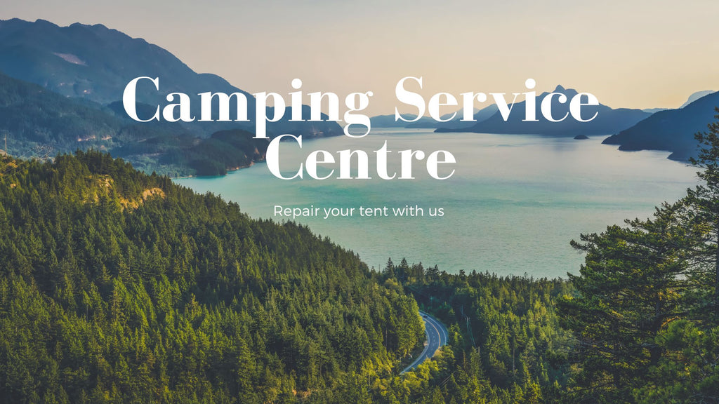 Scenic view of a lake surrounded by mountains with text overlay for Camping Service Centre.