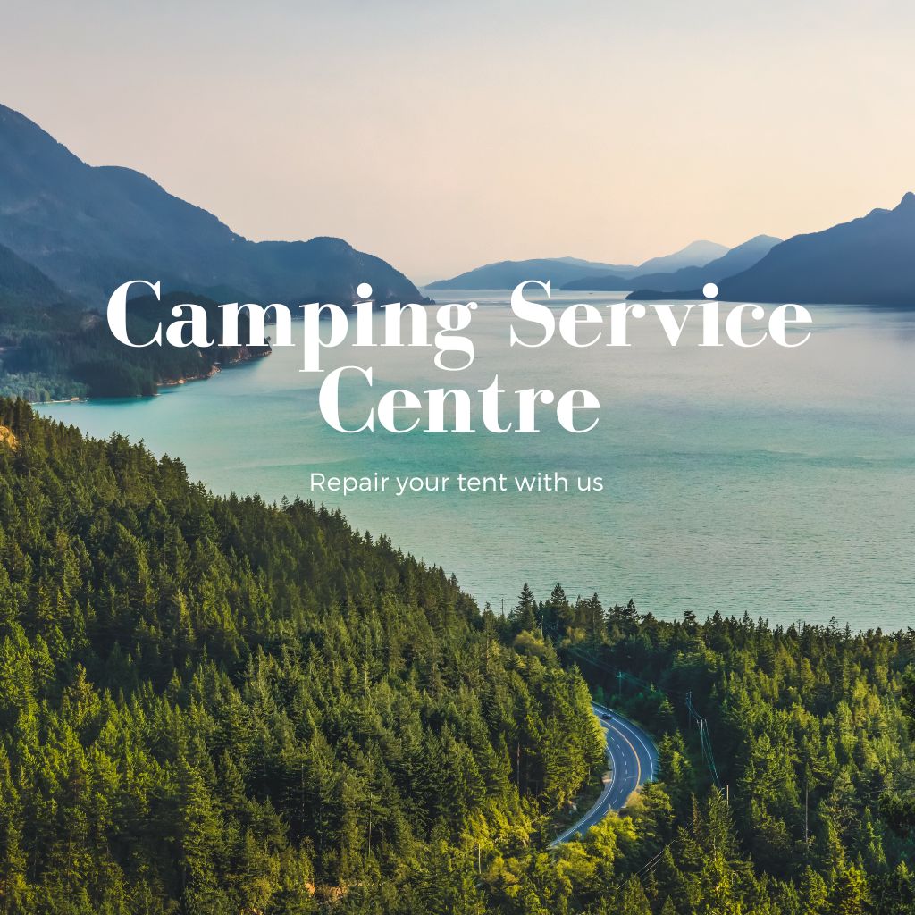 Scenic view of a lake surrounded by mountains with text overlay for Camping Service Centre.