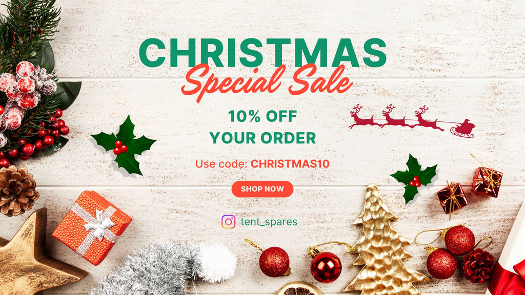 Christmas sale banner with festive decorations and promotional text on a wooden background.