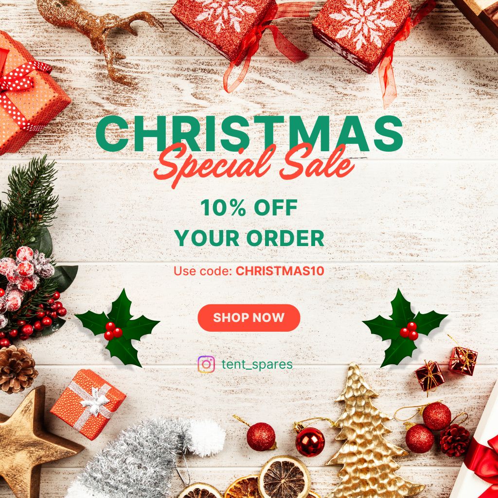 Christmas-themed promotional banner with sale text and decorative elements on a wooden background.